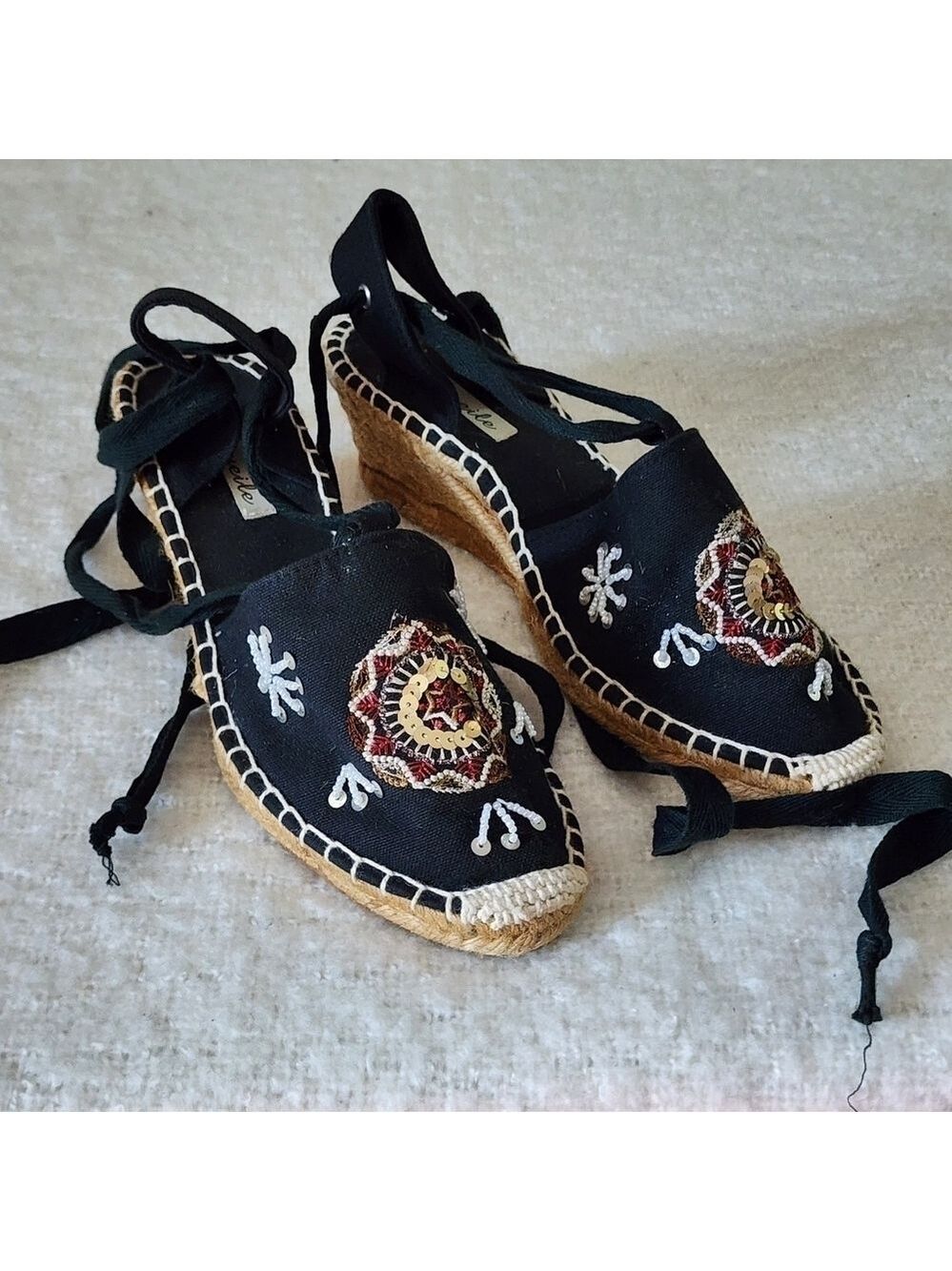 Niweile wedge espadrile sandal color black with floral embroidered size 38 - Picture 5 of 7